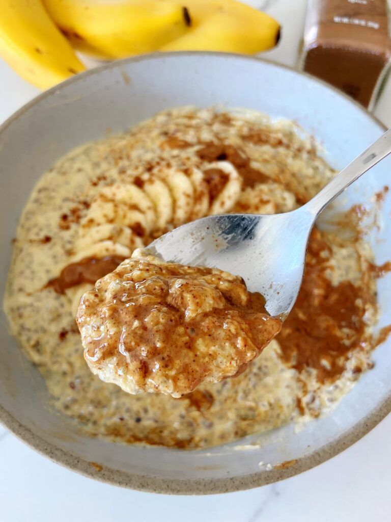 pumpkin spice low carb oatmeal close up on spoon