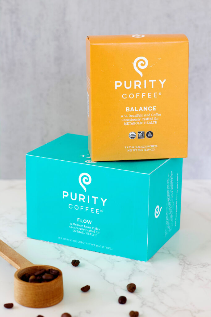 Purity coffee k cups stacked on top of each other