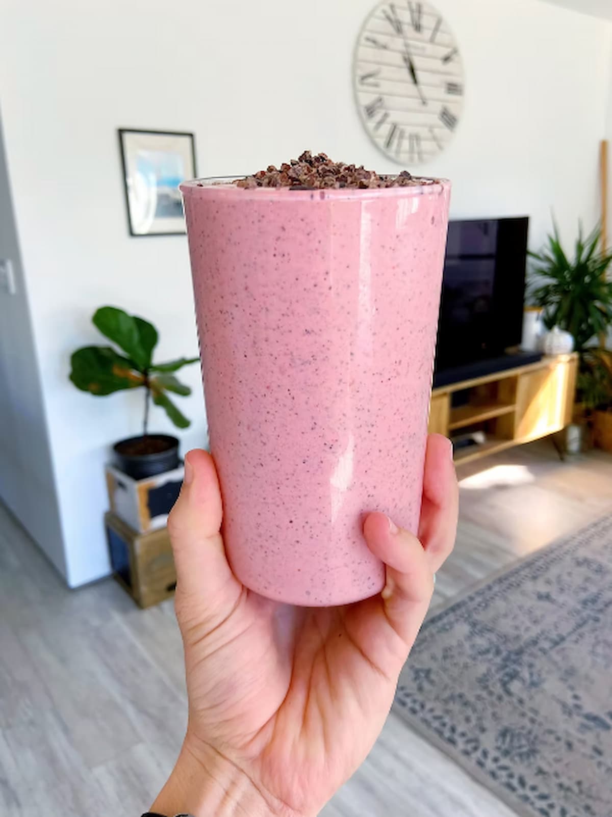 raspberry protein smoothie in a glass