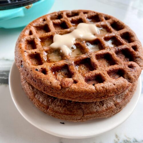 spiced chocolate protein waffle with butter topping