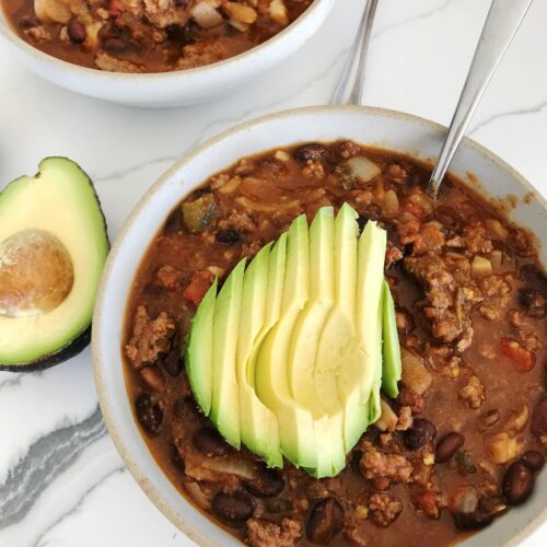 spicy bone broth chili with avocado topping