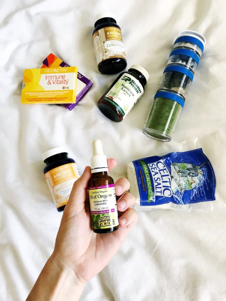 various supplements spread out on a bed