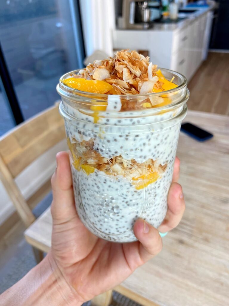 tropical lemon protein chia pudding in a glass