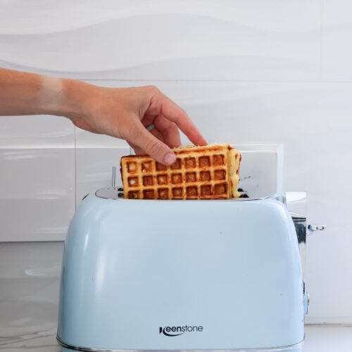 vanilla protein waffle in a toaster