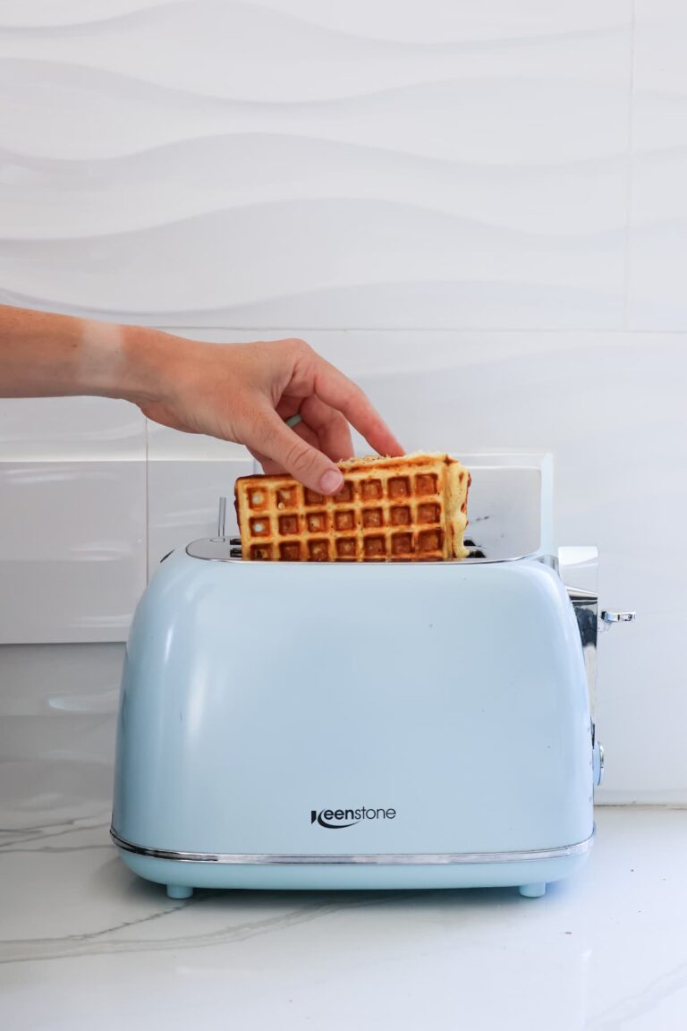 vanilla protein waffle in a toaster