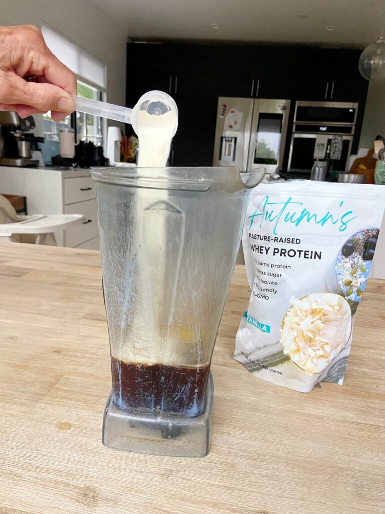 vanilla protein coffee recipe being made in a blender