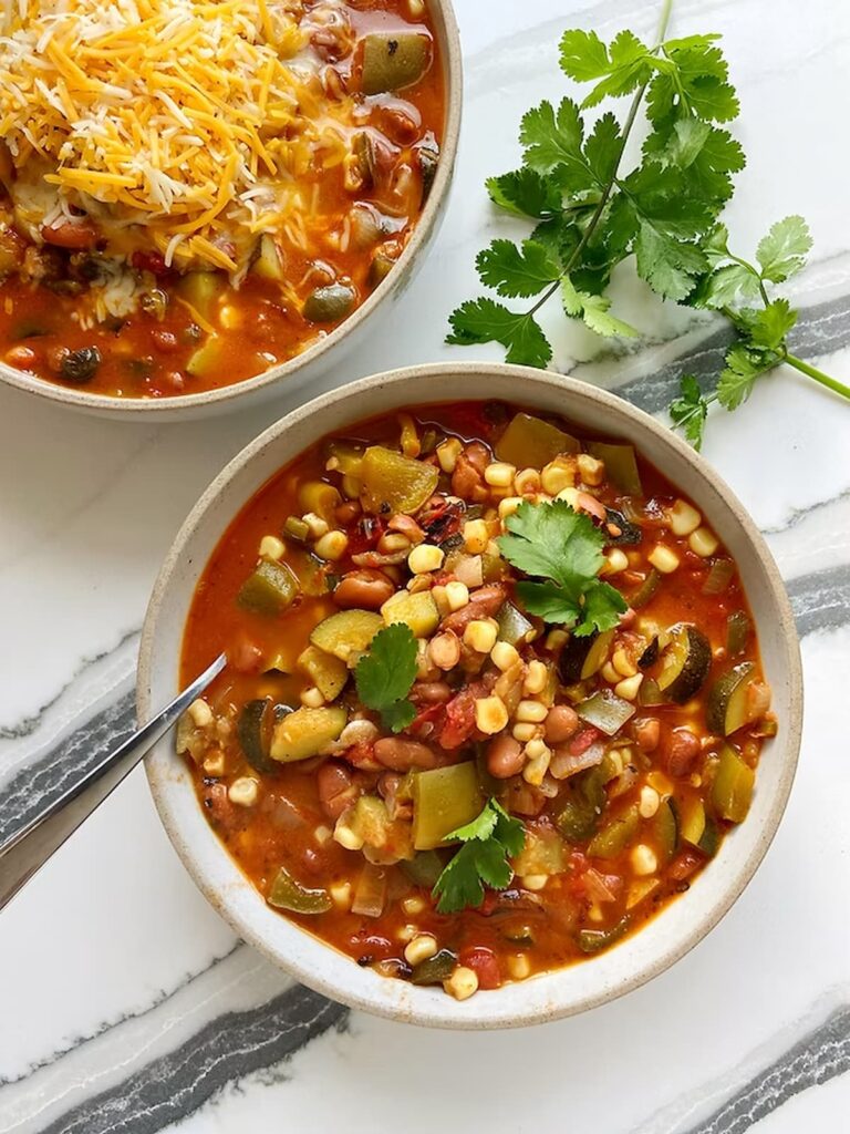 vegetable and beef chili with cilantro topping