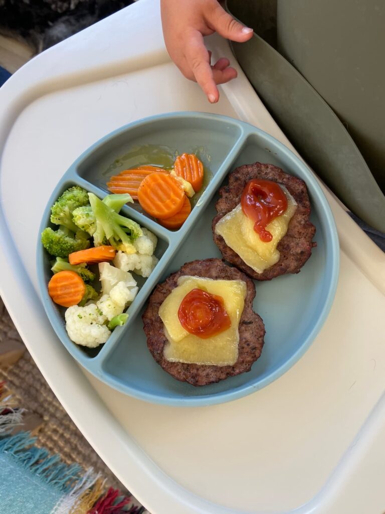 toddler plate with burger and veggies and ketchup