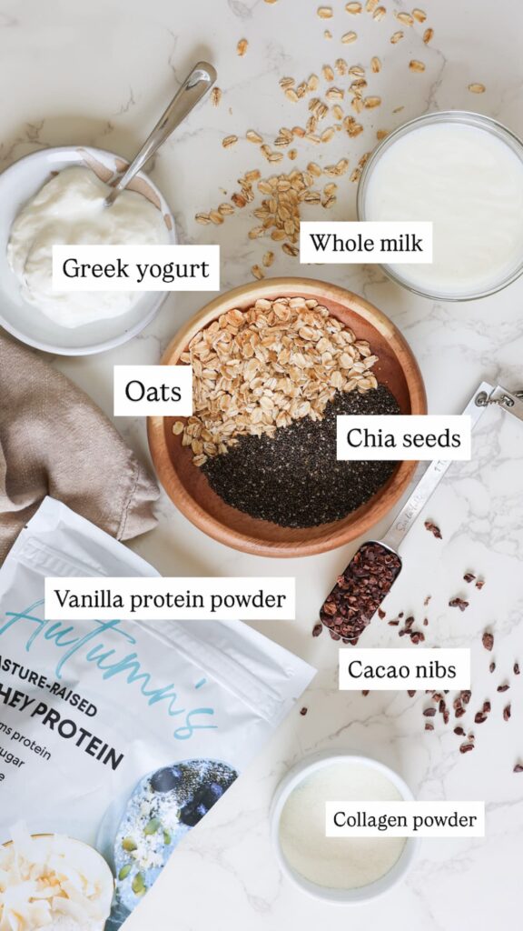 high protein overnight oats ingredients on a table
