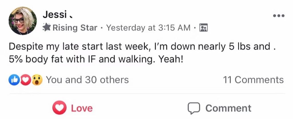 facebook post sharing one week intermittent fasting results