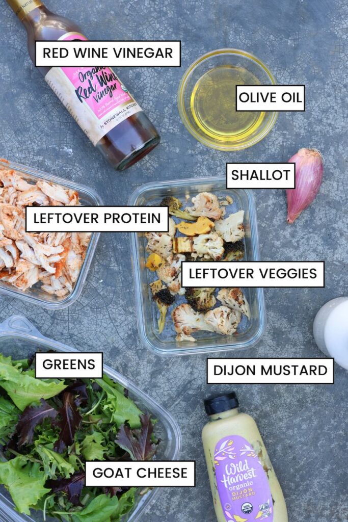 leftover thanksgiving salad ingredients such as red wine vinegar, olive oil, turkey and greens