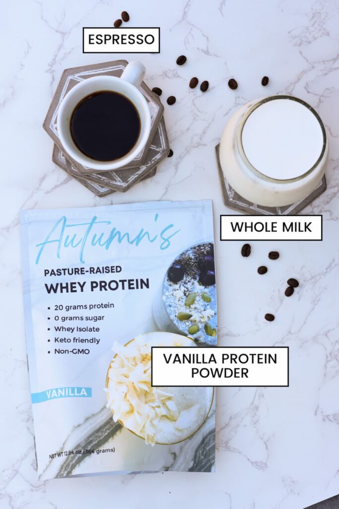 protein coffee ingredients protein powder, espresso and whole milk