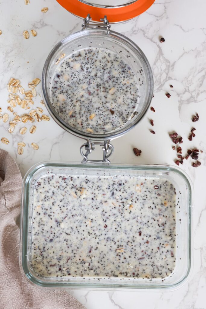 high protein overnight oats immediately after being mixed and still watery