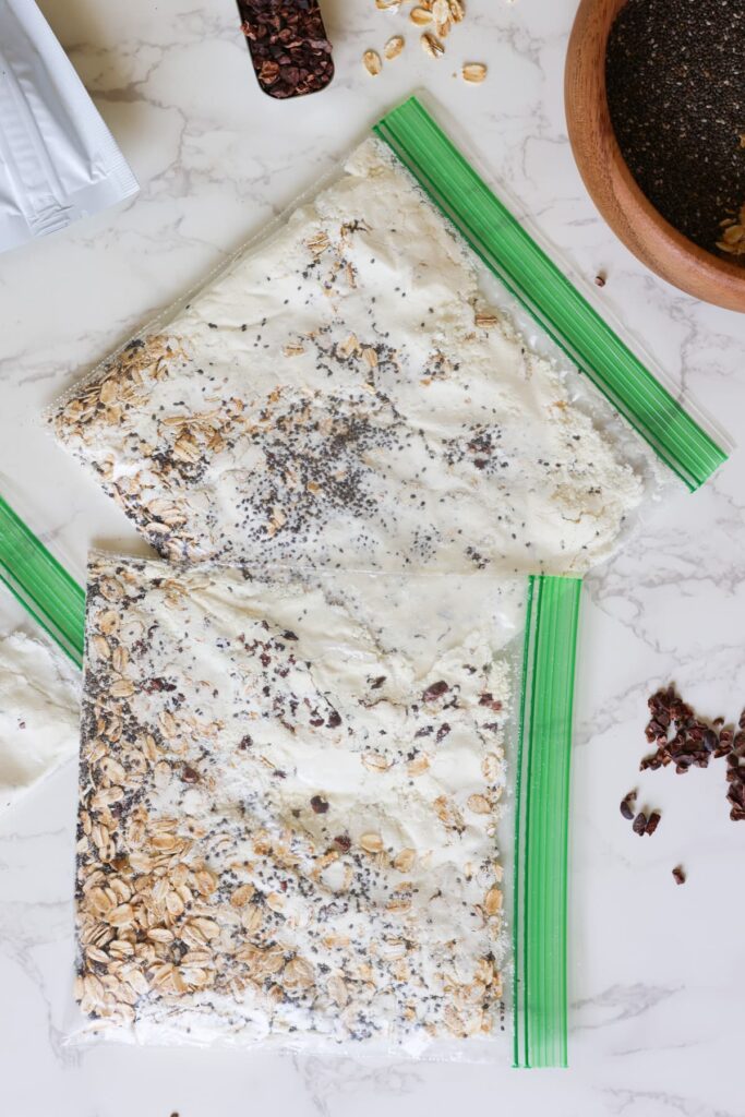 high protein overnight oats in plastic bags for meal prep