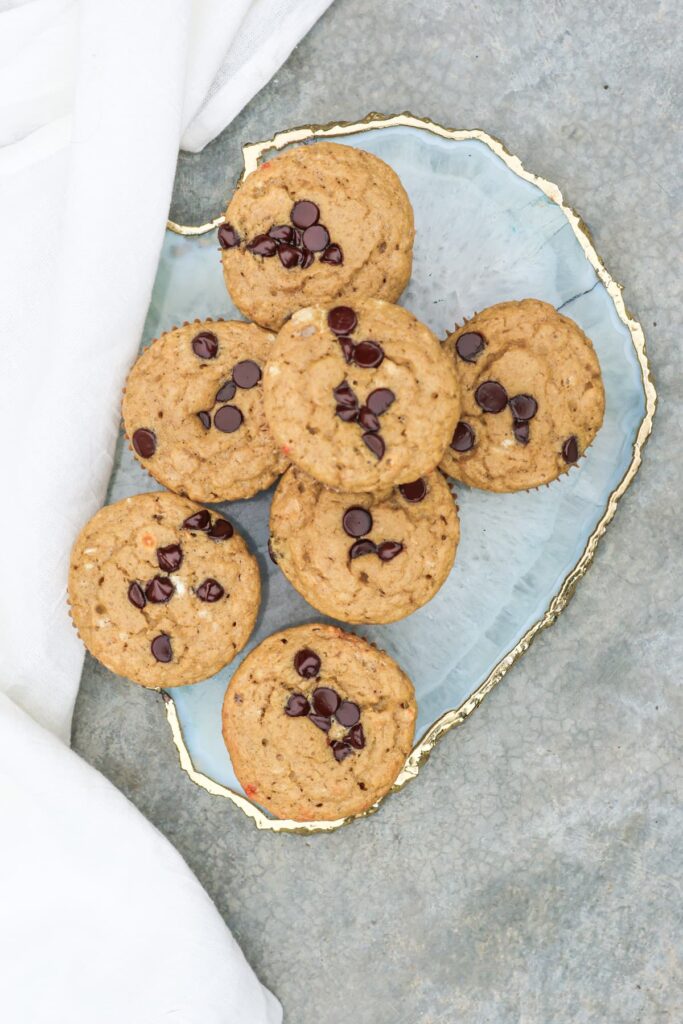 chocolate chip protein muffins overhead