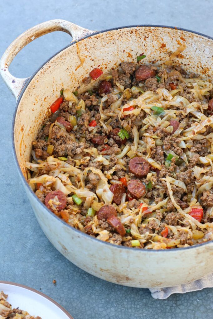 cajun dirty cabbage recipe with ground beef close up